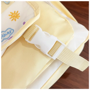 Close-up of contrast color bag with sun and cloud embroidery and weather text detail