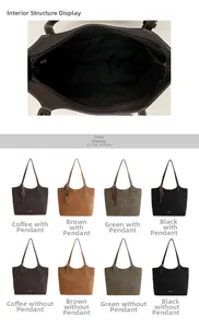 Vue détaillée de l'intérieur du grand sac cabas et options de couleurs marron et vert