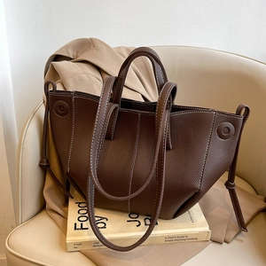 Große Tote Bag aus PU-Leder mit weißen Kontrastnähten und Doppelgriffen Minimalistische Schultertasche Damen