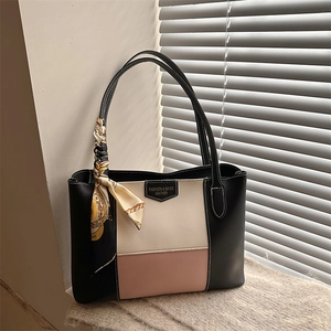 Three-color patchwork leather tote bag with silk scarf decoration for women