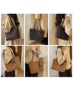 Multiple views showing a large capacity retro leather tote bag in dark brown and caramel