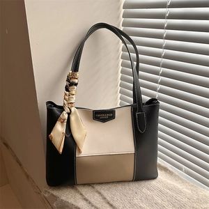 Three-tone contrast leather tote bag with elegant silk scarf and metallic logo plaque