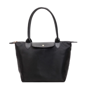 Classic black high-density nylon tote bag with long leather handles and gold metal snap button