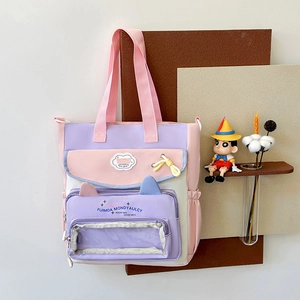 Cute patchwork tote bag in pastel purple and pink with clear window and multi-pockets