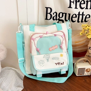 Japanese Style Contrast Color Nylon Tote Bag Large Capacity School Crossbody Bag For Women Students Commute Handbag