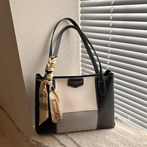Three-color patchwork leather tote bag with silk scarf accessory for women's daily commute