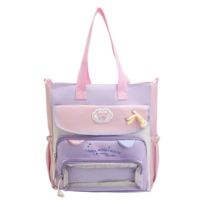 Pink and purple multi-pocket patchwork tote bag with transparent window and handles