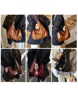 Collage of chic leather shoulder bags in various colors with plush bear charm