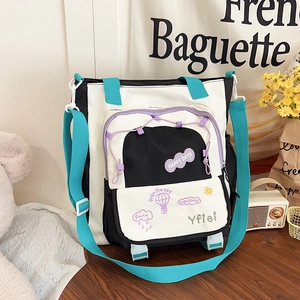Sac fourre-tout en toile bicolore avec broderie de dessin animé et poche en filet