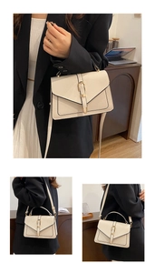 Three-way display of beige crossbody bag with gold hardware on a model in office setting