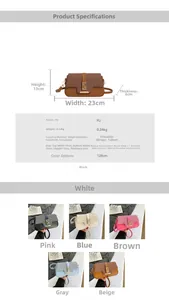 Detailed size specifications and color options for the stylish PU leather saddle bag