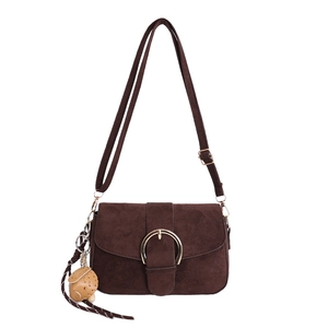 Vintage dark brown matte suede shoulder bag with a gold horseshoe buckle and woven strap
