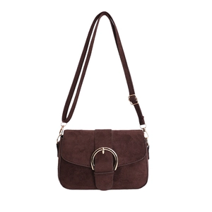 Retro dark brown saddle shoulder bag with a vintage buckle and smooth suede leather finish