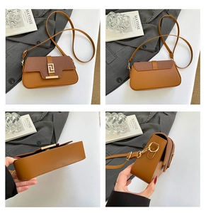 Detailed views of caramel saddle bag showing grainy texture and geometric gold buckle