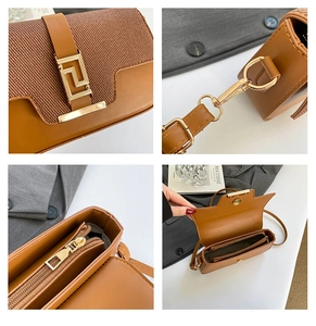 Detailed views of caramel chain crossbody bag with herringbone texture and gold hardware