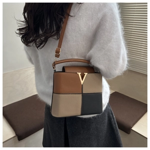 Detail der Color-Block-Beuteltasche mit goldener V-Schließe und Leder mit Lychee-Narbe