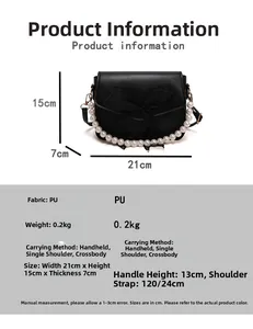 Detailed dimensions for black PU pearl chain bag with bow decor and size chart
