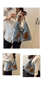Detail der blauen Jeans-Tasche mit braunen Ledertaschen und Schultergurten