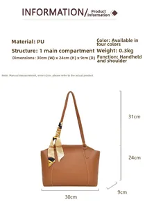 Dimensions détaillées du sac en PU marron de 30cm avec foulard décoratif en soie sur l'anse