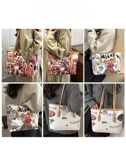 Detailed views of printed canvas tote bags with graffiti and cute bear patterns on models