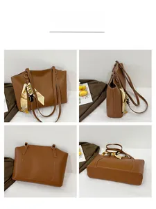 Vue détaillée d'un sac cabas en simili cuir marron avec foulard et base plate stable
