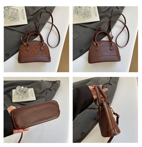 Detailed views of a brown crossbody bag with stitch embroidery and double handles