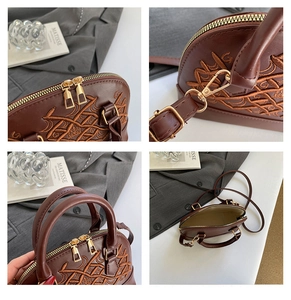 Detailed views of coffee-colored shell bag with crown embroidery and golden hardware