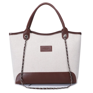Minimalist large capacity canvas tote bag with brown leather trim and chain shoulder strap