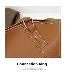 Détail du sac en cuir marron montrant l'anneau métallique doré et les coutures blanches