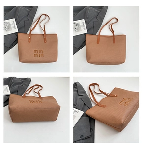 Detailed views of brown woven tote bag with embossed min min logo and double straps