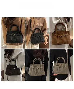Collage of vintage suede tote bags in various neutral colors shown with stylish outfits