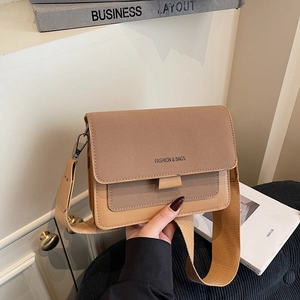 Minimalist brown crossbody square bag with wide strap and fashion lettering