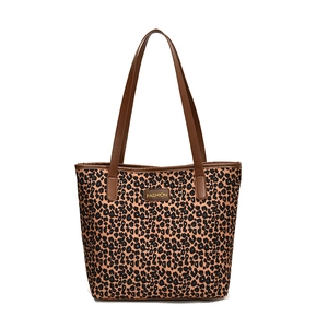 Leopard print tote bag with brown handles and gold fashion plate for daily commuting