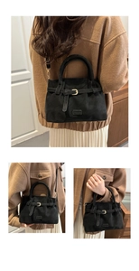 Multiple views of a black suede handbag with gold buckles and removable strap for women