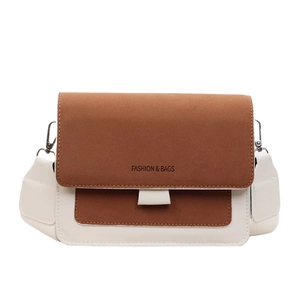 Minimalist square crossbody bag in brown and white contrast with wide fabric strap