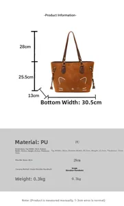 Detailed size chart for the cat printed tote bag with PU material and strap dimensions