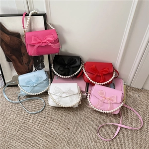 Women Shoulder Bag PU Leather Large Organza Bow Faux Artificial Pearl Chain Handbag Sweet Elegant Crossbody Purse
