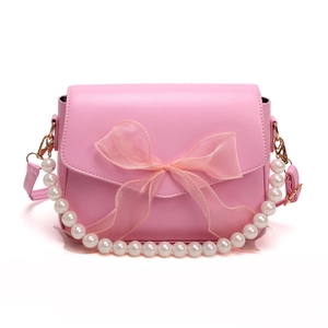 Pink crossbody bag with large organza bow and pearl chain handle for women