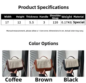 Detailed size chart and three colors of plush saddle bags with wide shoulder straps