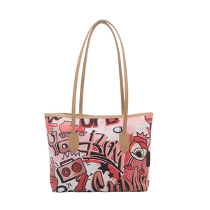 Pink cartoon bunny space theme canvas tote bag with graffiti and beige handles