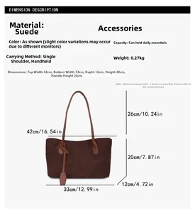 Detailed size guide for large suede tote bag with measurements in cm and inches