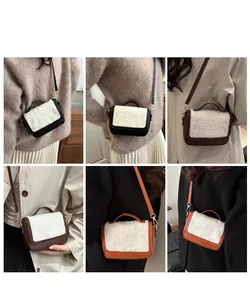 Detail of wool saddle bags in multiple colors with adjustable straps on models