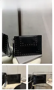 Detailed views of black envelope clutch bag featuring silver square metal studs decoration