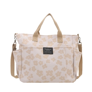 Large capacity canvas tote bag with floral print and adjustable shoulder strap