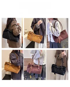 Three suede tote bags in black, caramel, and burgundy shown from various lifestyle angles