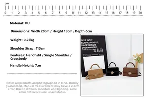 Detailed specs of the chic PU handbag featuring a braided handle and petal metal clasp