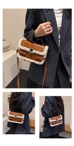 Detail of winter square bag featuring brown leather and white faux shearling trim