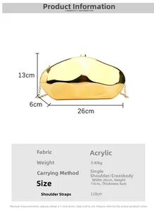 Detailed size specifications of the metallic gold wave-textured acrylic evening clutch bag