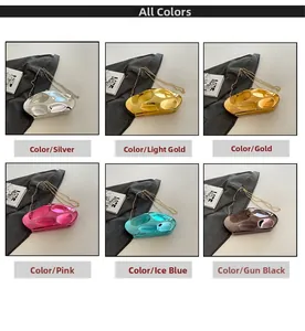 Six metallic acrylic clutch bags with chain straps in silver, gold, and vibrant colors