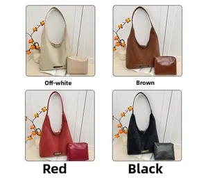 Set of large capacity hobo bags with small pouches in white, brown, red, and black